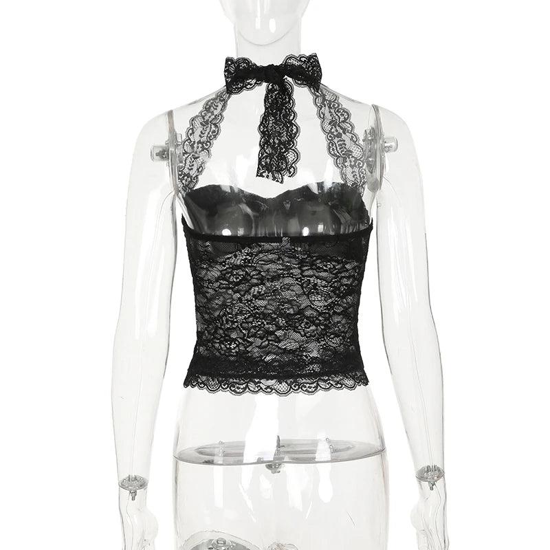 Sexy Lace Patchwork Y2K Camisoles Backless Transparent Slim Outfits Party 90s Vintage Clubwear Halter Neck Tops