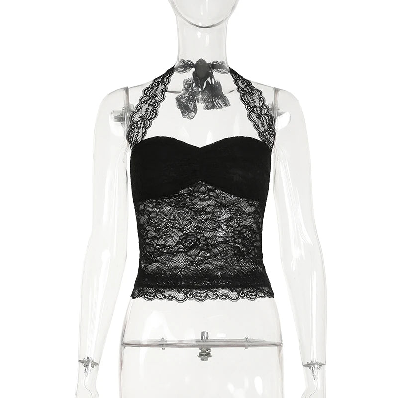 Sexy Lace Patchwork Y2K Camisoles Backless Transparent Slim Outfits Party 90s Vintage Clubwear Halter Neck Tops