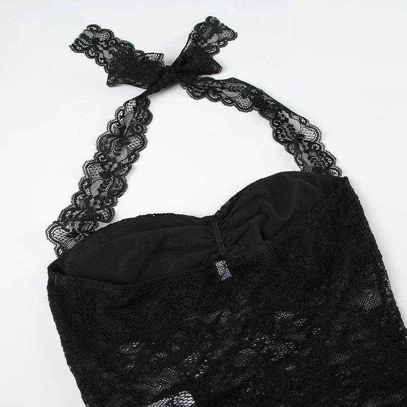 Sexy Lace Patchwork Y2K Camisoles Backless Transparent Slim Outfits Party 90s Vintage Clubwear Halter Neck Tops