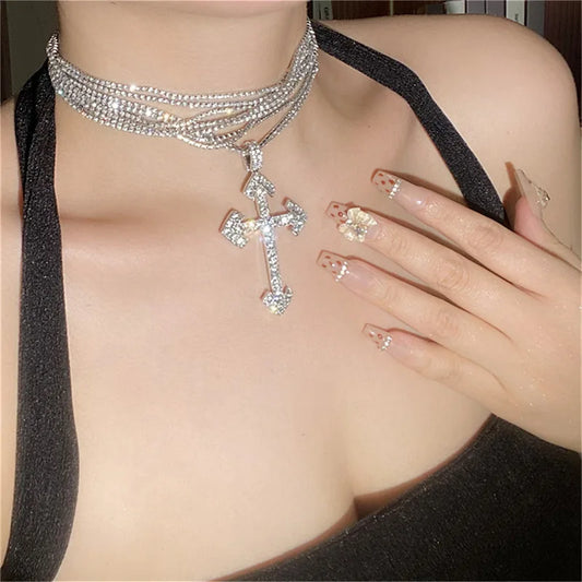 New Shiny Multi Layer Rhinestone Cross Pendant Choker Necklaces For Women Crystal Maxi Trendy Statement Jewelry Necklace