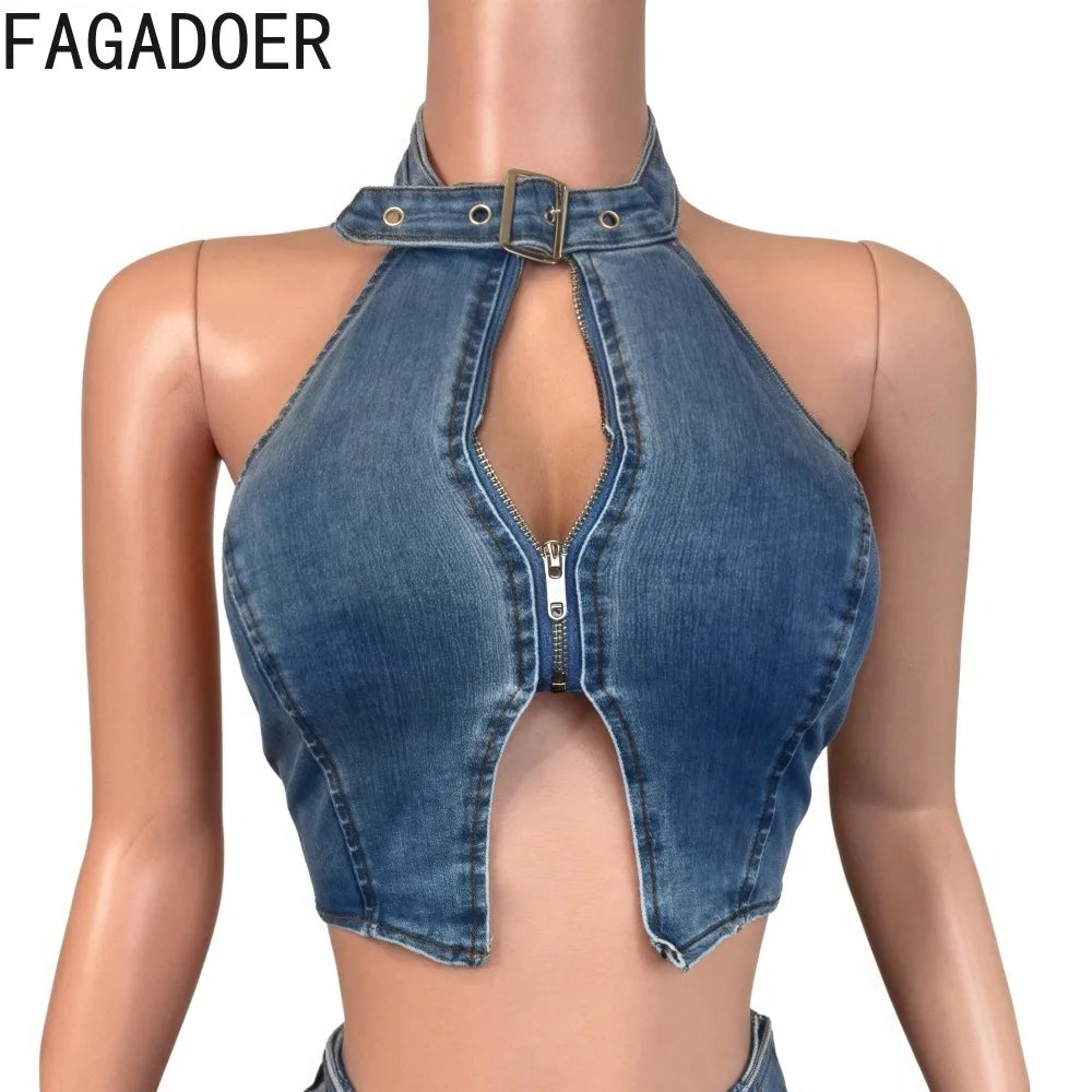 Y2K Sexy Denim 2 Piece Sets Woman Outfit Zipper Sleeveless Backless Halter Crop Top and Shorts Suits Female Streetwear
