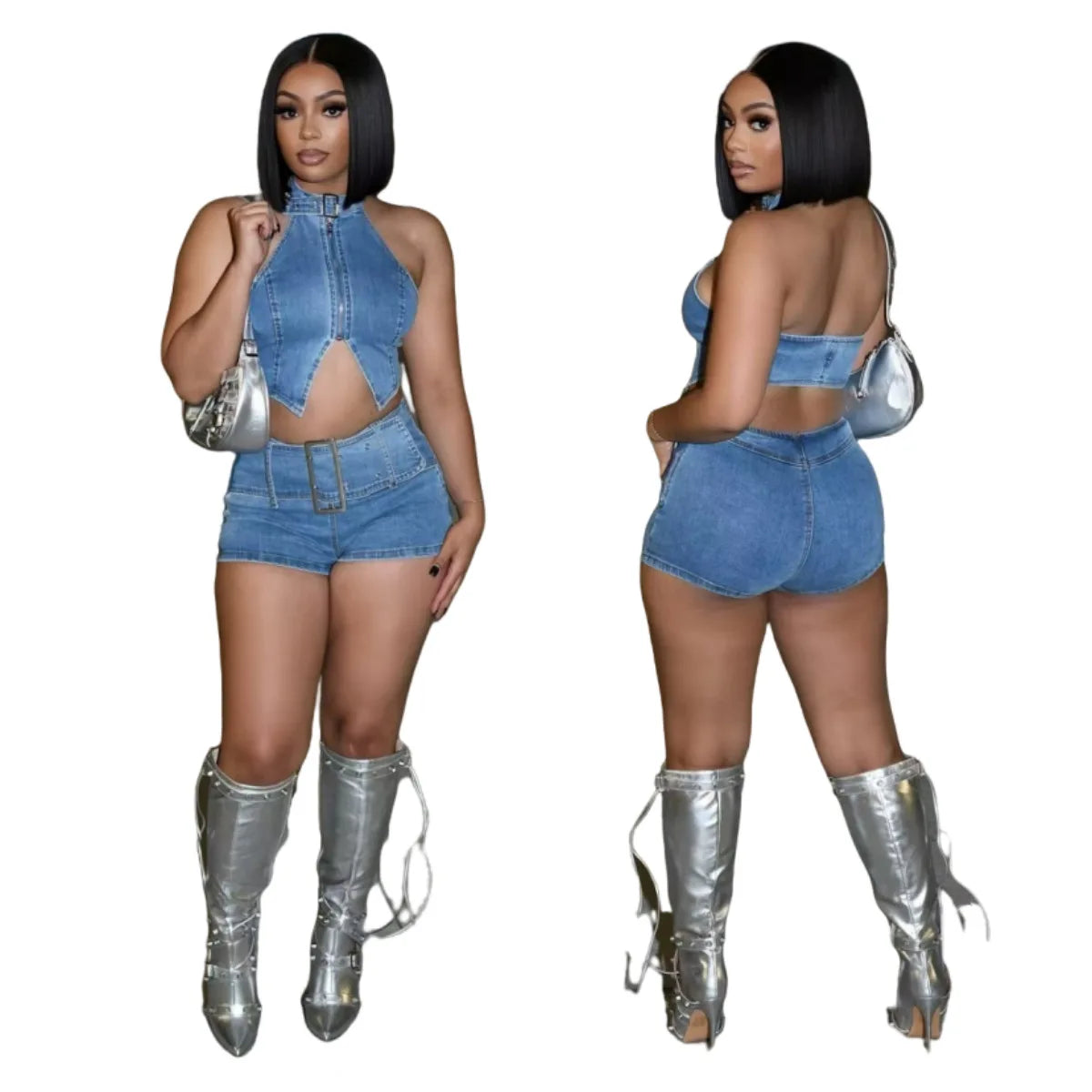 Y2K Sexy Denim 2 Piece Sets Woman Outfit Zipper Sleeveless Backless Halter Crop Top and Shorts Suits Female Streetwear