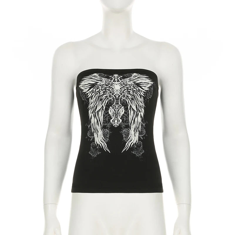 Gothic Print Black Tube Top Women Strapless Skinny Cropped Tops Summer Casual Chic Graphic Tees y2k Streetwear Vest Basic