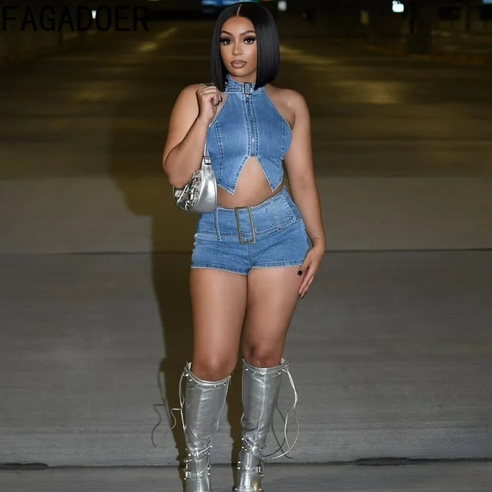 Y2K Sexy Denim 2 Piece Sets Woman Outfit Zipper Sleeveless Backless Halter Crop Top and Shorts Suits Female Streetwear