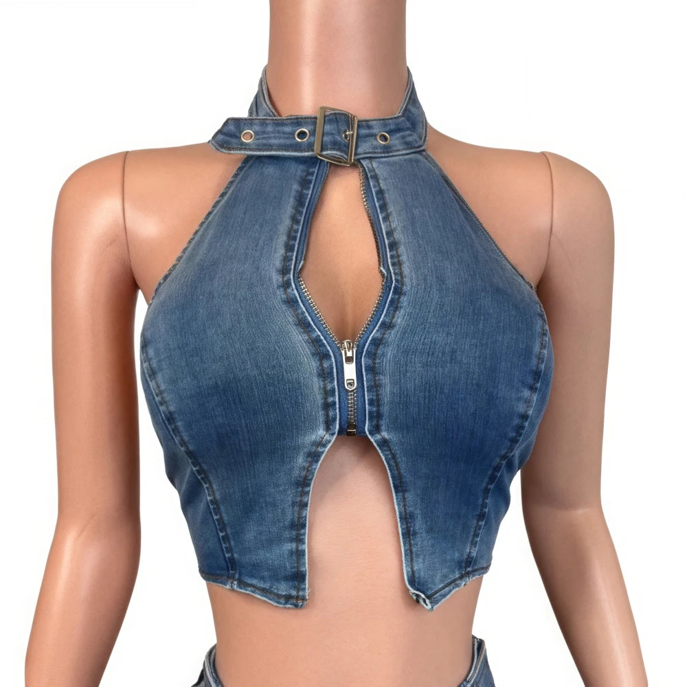 Y2K Sexy Denim 2 Piece Sets Woman Outfit Zipper Sleeveless Backless Halter Crop Top and Shorts Suits Female Streetwear