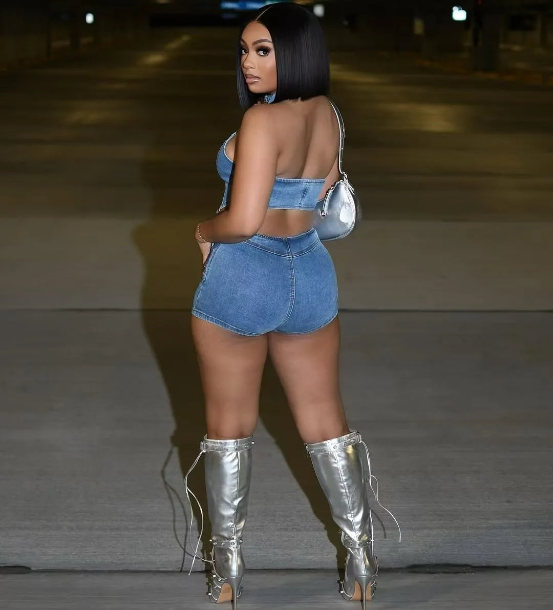 Y2K Sexy Denim 2 Piece Sets Woman Outfit Zipper Sleeveless Backless Halter Crop Top and Shorts Suits Female Streetwear