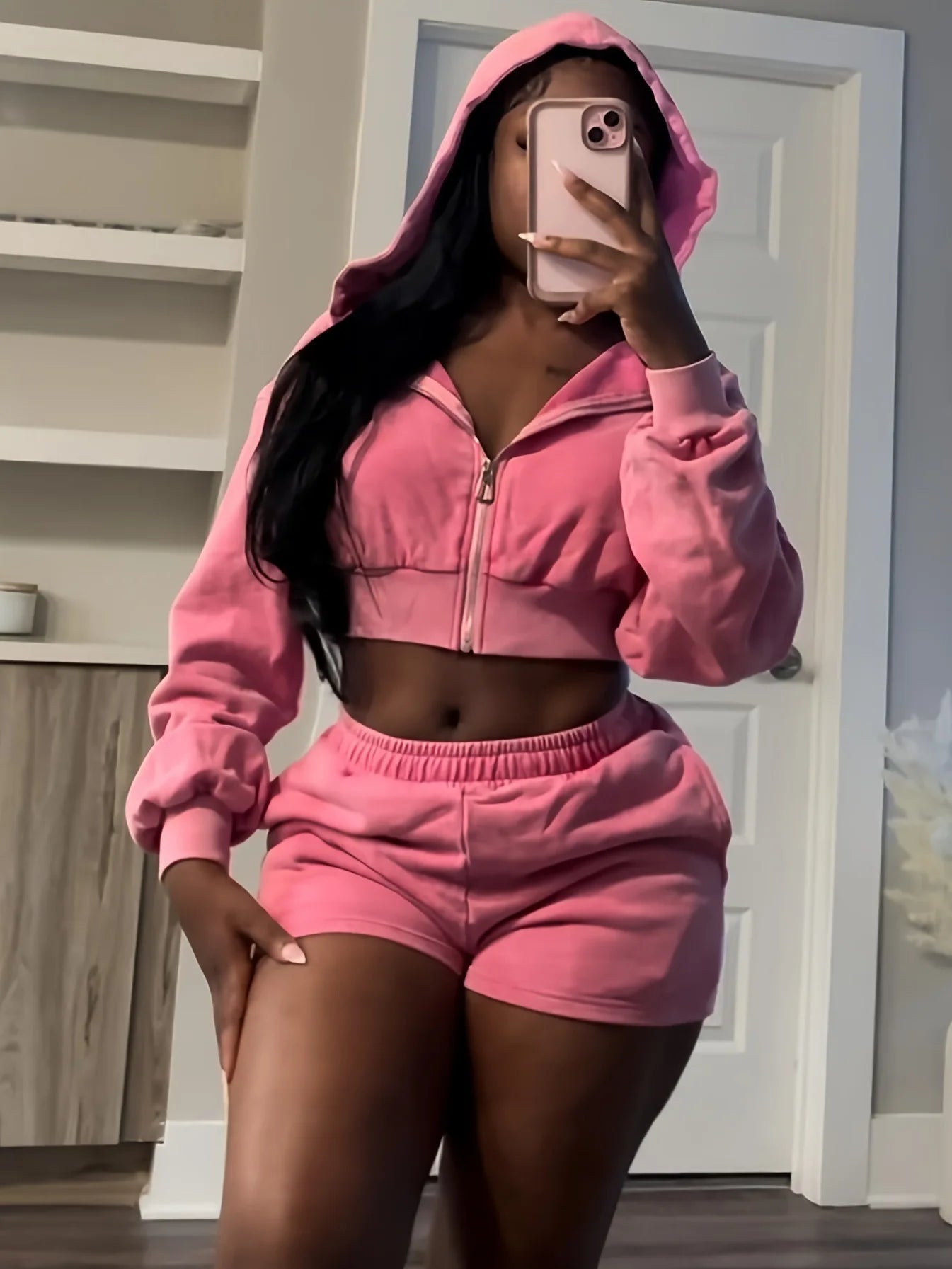 Autumn New Pink Two Piece Set Women Casual Outfits Long Sleeve Zip Hoodies Top and Shorts Suits Girls Sports Streetwear