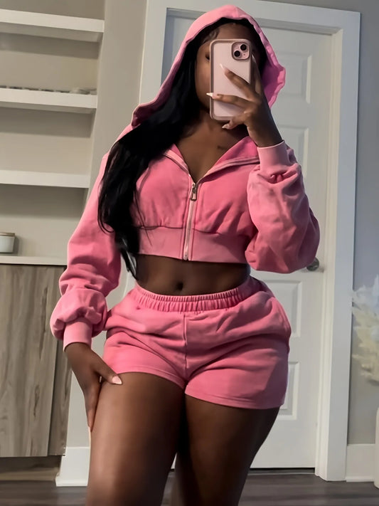 Autumn New Pink Two Piece Set Women Casual Outfits Long Sleeve Zip Hoodies Top and Shorts Suits Girls Sports Streetwear