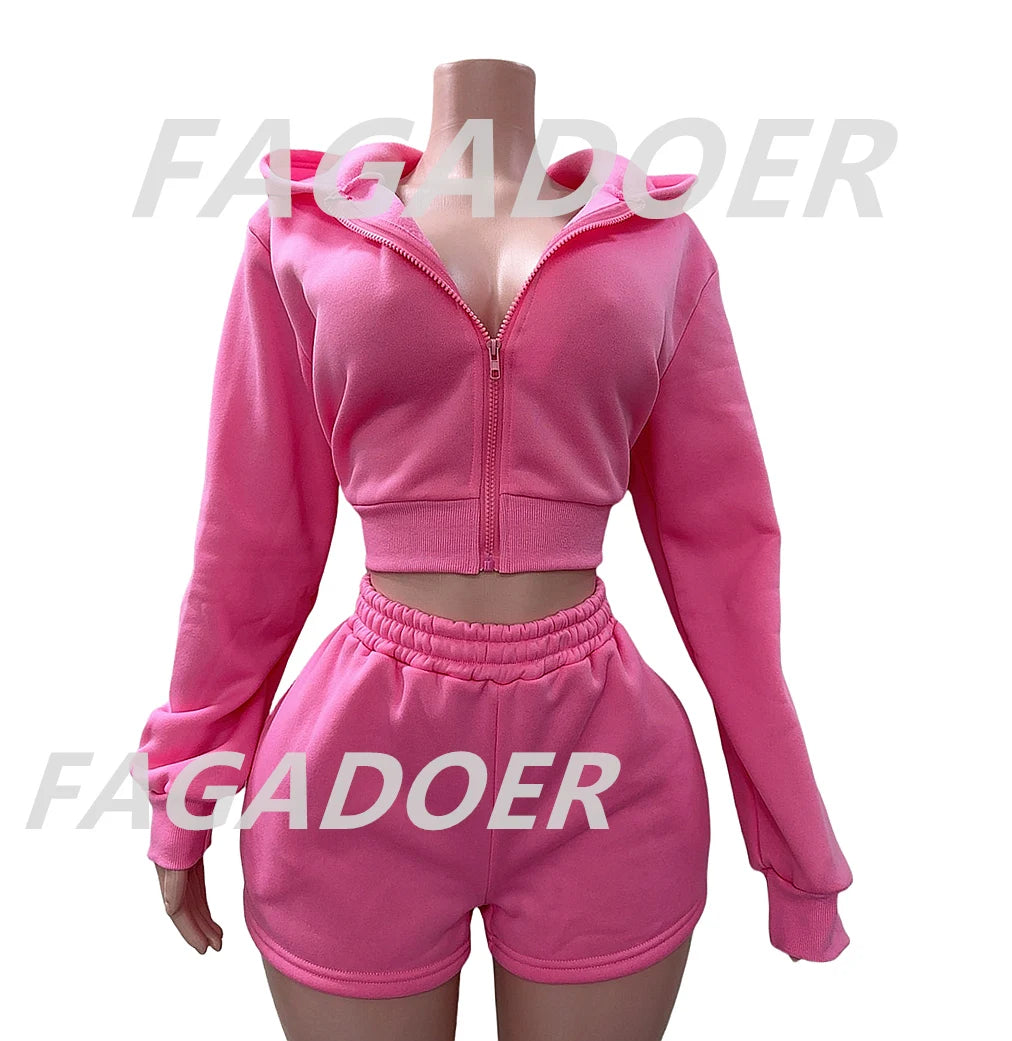 Autumn New Pink Two Piece Set Women Casual Outfits Long Sleeve Zip Hoodies Top and Shorts Suits Girls Sports Streetwear