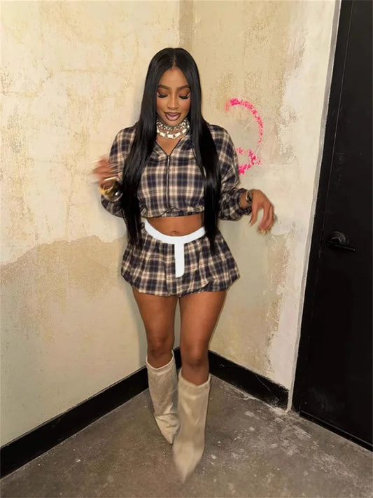 Plaid 2-Piece Set Women Zip Long Sleeve Hooded Crop Coat+Patchwork Elastic Waist Puffy Mini Skirt Matching Outfits