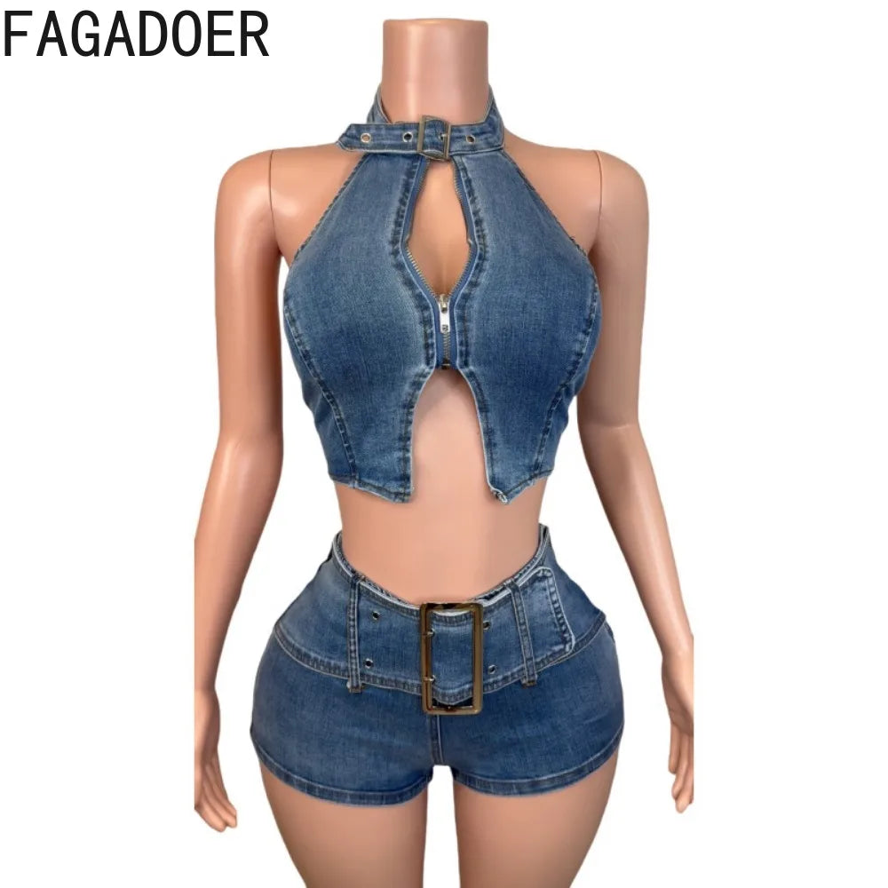 Y2K Sexy Denim 2 Piece Sets Woman Outfit Zipper Sleeveless Backless Halter Crop Top and Shorts Suits Female Streetwear
