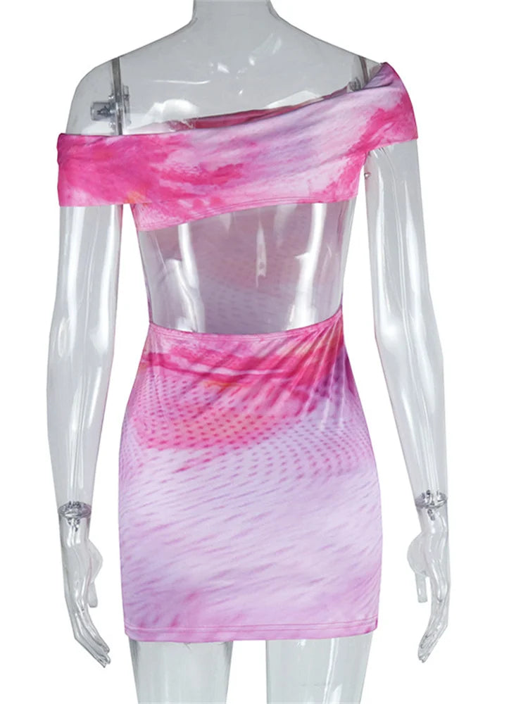 Gradient Hollow Out Women Mini Dress Trend Slash Neck Body-shaping Backless Irregular Frock Female Attractive Party Wear