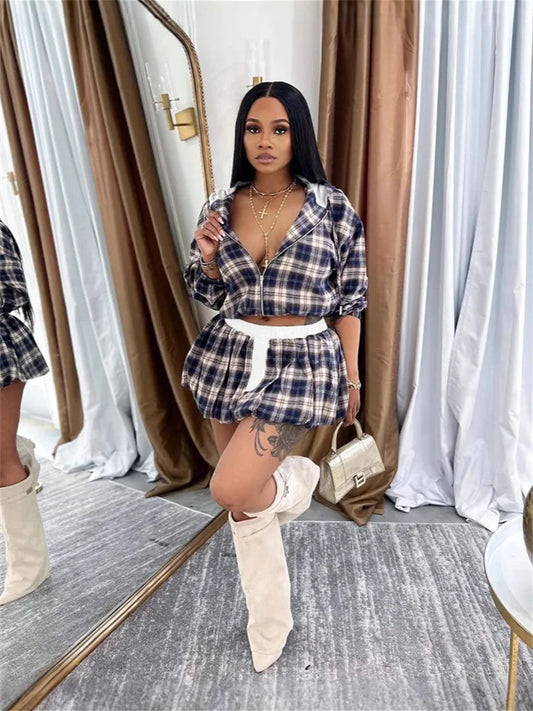 Plaid 2-Piece Set Women Zip Long Sleeve Hooded Crop Coat+Patchwork Elastic Waist Puffy Mini Skirt Matching Outfits