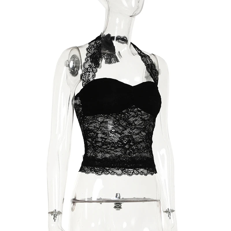 Sexy Lace Patchwork Y2K Camisoles Backless Transparent Slim Outfits Party 90s Vintage Clubwear Halter Neck Tops