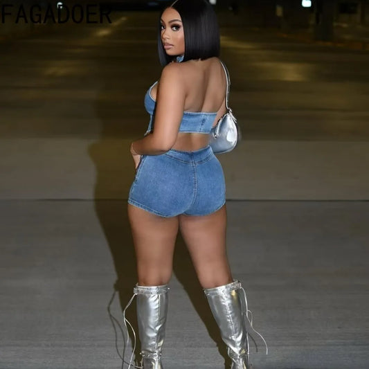 Y2K Sexy Denim 2 Piece Sets Woman Outfit Zipper Sleeveless Backless Halter Crop Top and Shorts Suits Female Streetwear