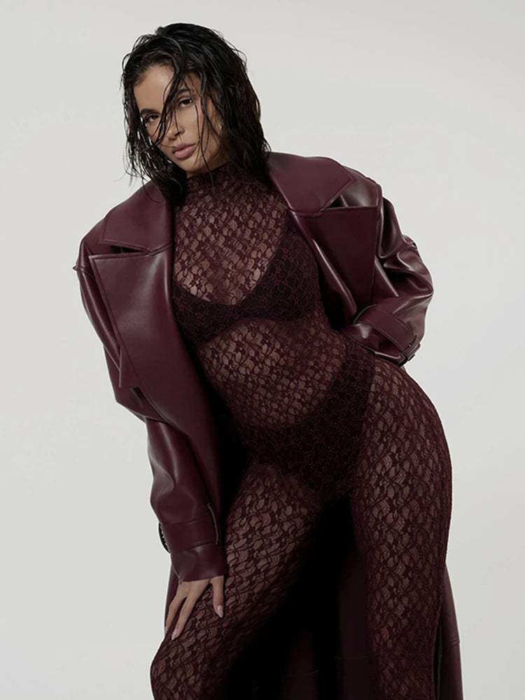 Lace See Through Women Jumpsuits Solid Coquette Sexy Hot Full Sleeve Stand Collar Elastic Overalls Female Nighout Clubwear