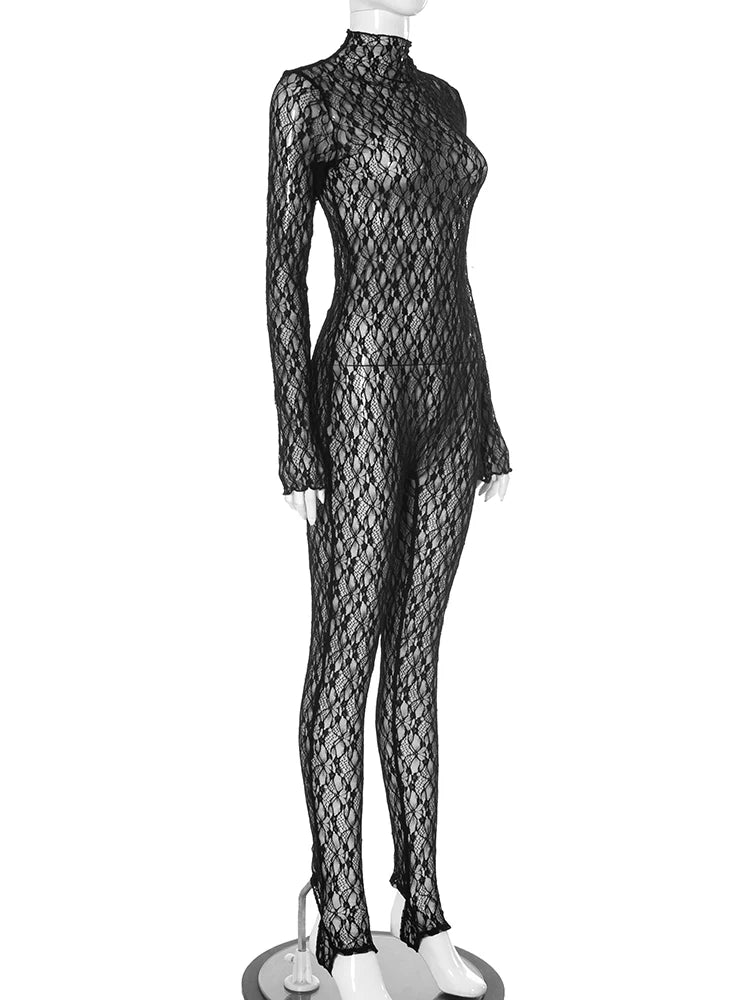Lace See Through Women Jumpsuits Solid Coquette Sexy Hot Full Sleeve Stand Collar Elastic Overalls Female Nighout Clubwear
