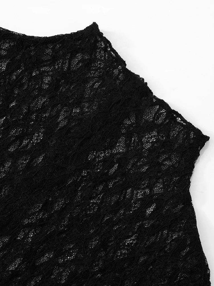 Lace See Through Women Jumpsuits Solid Coquette Sexy Hot Full Sleeve Stand Collar Elastic Overalls Female Nighout Clubwear