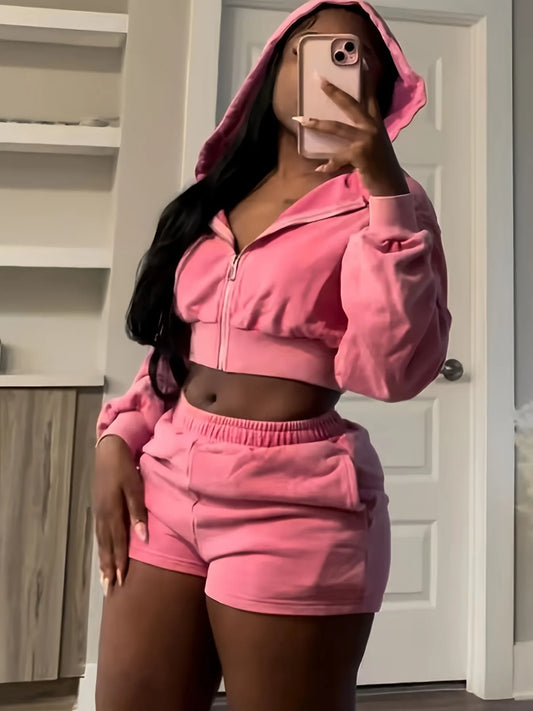 Autumn New Pink Two Piece Set Women Casual Outfits Long Sleeve Zip Hoodies Top and Shorts Suits Girls Sports Streetwear