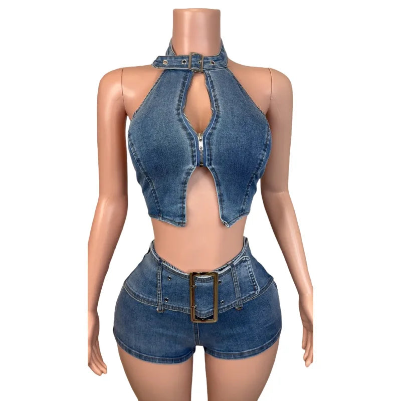 Y2K Sexy Denim 2 Piece Sets Woman Outfit Zipper Sleeveless Backless Halter Crop Top and Shorts Suits Female Streetwear