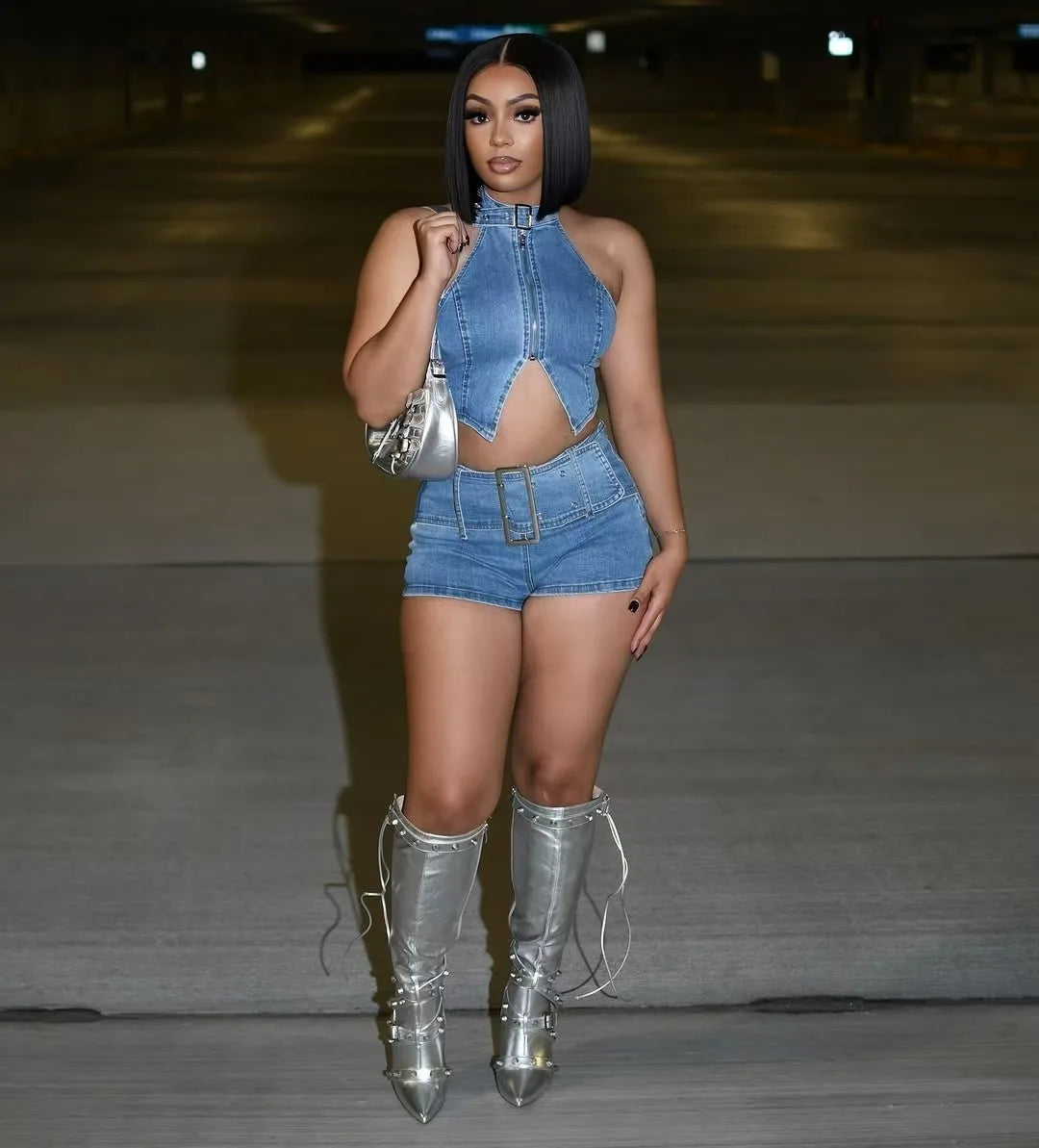 Y2K Sexy Denim 2 Piece Sets Woman Outfit Zipper Sleeveless Backless Halter Crop Top and Shorts Suits Female Streetwear