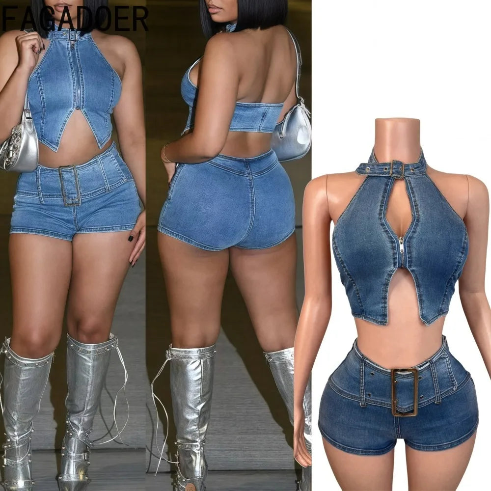 Y2K Sexy Denim 2 Piece Sets Woman Outfit Zipper Sleeveless Backless Halter Crop Top and Shorts Suits Female Streetwear