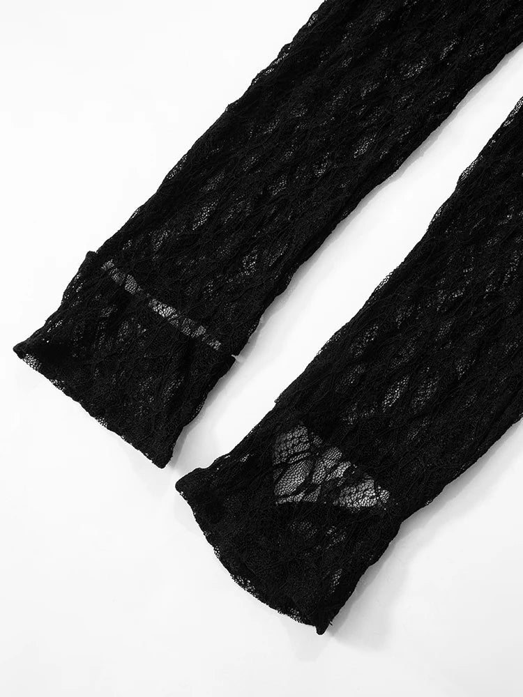 Lace See Through Women Jumpsuits Solid Coquette Sexy Hot Full Sleeve Stand Collar Elastic Overalls Female Nighout Clubwear