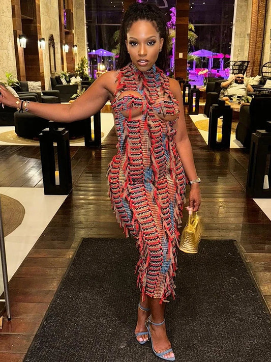 Sexy Hollow Dress Women Knit Colorful Tassel Backless Y2k Summer Trend Stretch Sleeveless Elastic Bodycon Clubwear