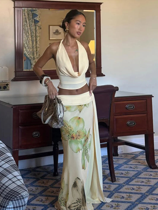Elegant Women 3 Piece Set Stack Trend Halter Tops+Split Tassel Tassel+Flowers Mesh Skirts Matching Vacation Clubwear