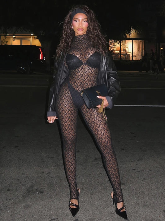 Lace See Through Women Jumpsuits Solid Coquette Sexy Hot Full Sleeve Stand Collar Elastic Overalls Female Nighout Clubwear