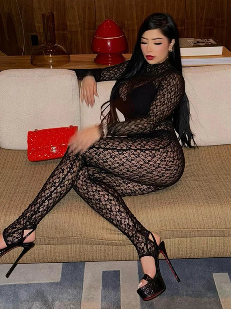 Lace See Through Women Jumpsuits Solid Coquette Sexy Hot Full Sleeve Stand Collar Elastic Overalls Female Nighout Clubwear