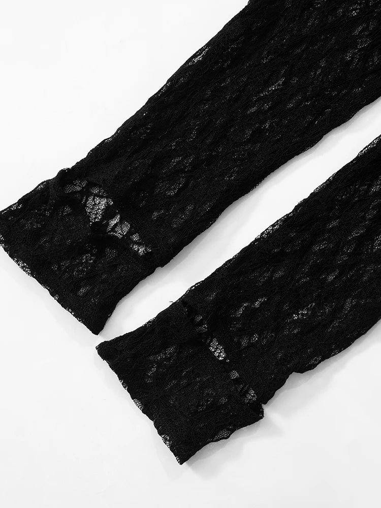 Lace See Through Women Jumpsuits Solid Coquette Sexy Hot Full Sleeve Stand Collar Elastic Overalls Female Nighout Clubwear
