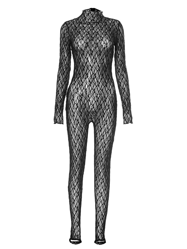 Lace See Through Women Jumpsuits Solid Coquette Sexy Hot Full Sleeve Stand Collar Elastic Overalls Female Nighout Clubwear