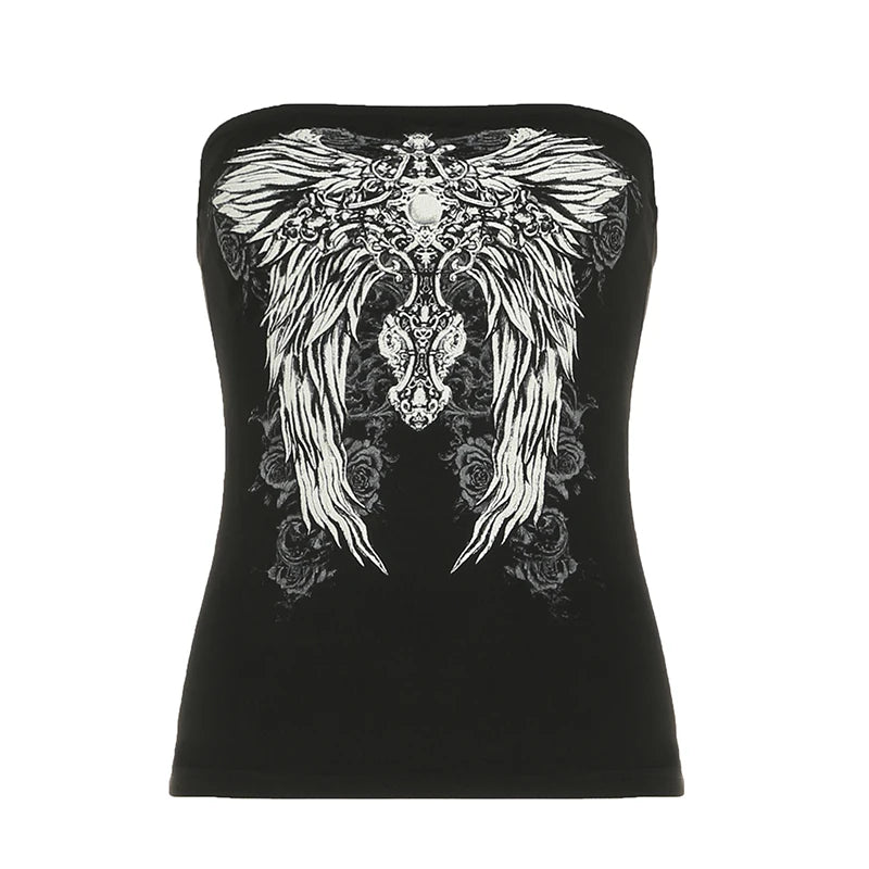 Gothic Print Black Tube Top Women Strapless Skinny Cropped Tops Summer Casual Chic Graphic Tees y2k Streetwear Vest Basic