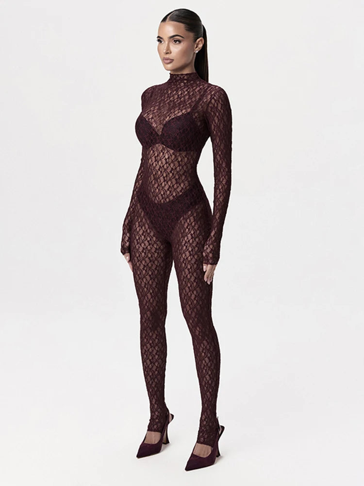 Lace See Through Women Jumpsuits Solid Coquette Sexy Hot Full Sleeve Stand Collar Elastic Overalls Female Nighout Clubwear