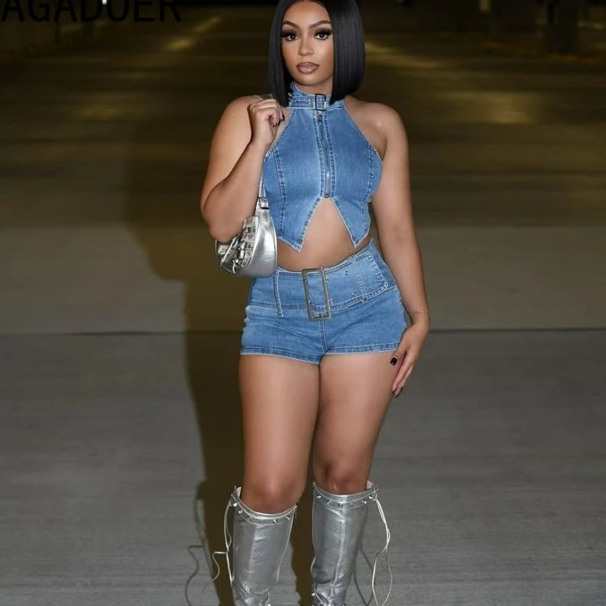 Y2K Sexy Denim 2 Piece Sets Woman Outfit Zipper Sleeveless Backless Halter Crop Top and Shorts Suits Female Streetwear