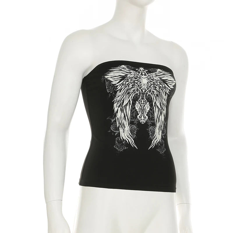 Gothic Print Black Tube Top Women Strapless Skinny Cropped Tops Summer Casual Chic Graphic Tees y2k Streetwear Vest Basic