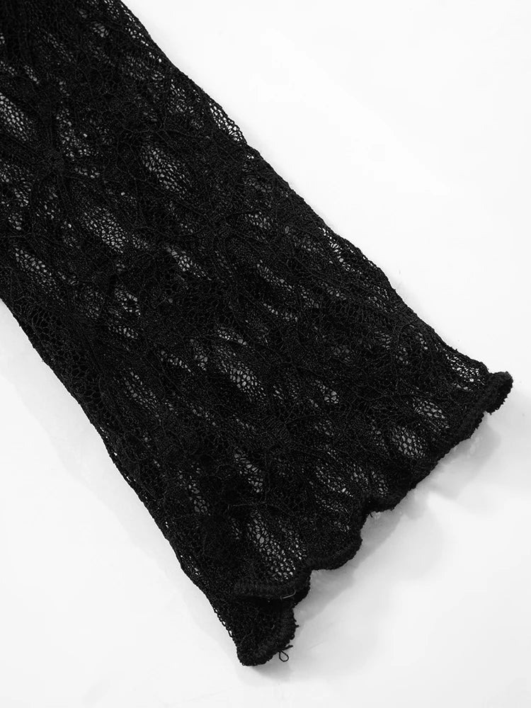 Lace See Through Women Jumpsuits Solid Coquette Sexy Hot Full Sleeve Stand Collar Elastic Overalls Female Nighout Clubwear